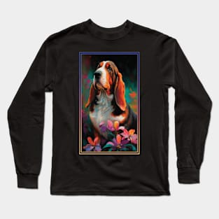 Basset Hound Vibrant Tropical Flower Tall Digital Oil Painting Portrait Long Sleeve T-Shirt